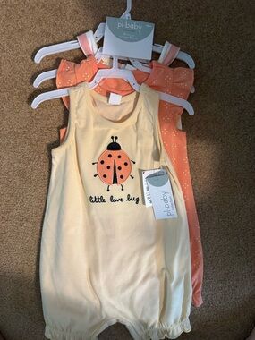 pl•baby Yellow & Peach Baby Girl Romper Set - Ladybug Design
